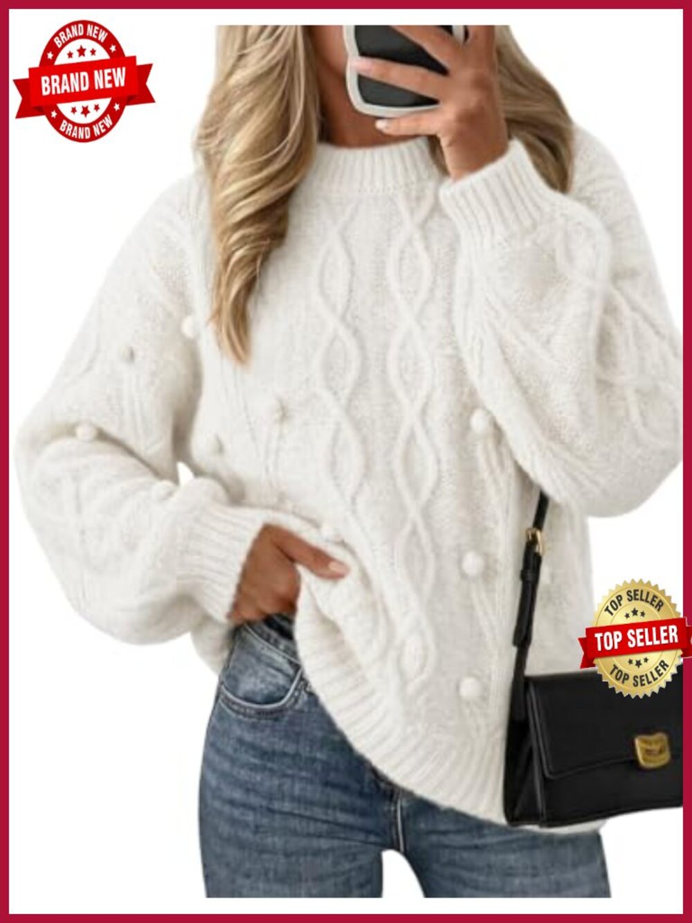 Cable Knit Oversized Pullover Sweater Drop Shoulder Crew Neck